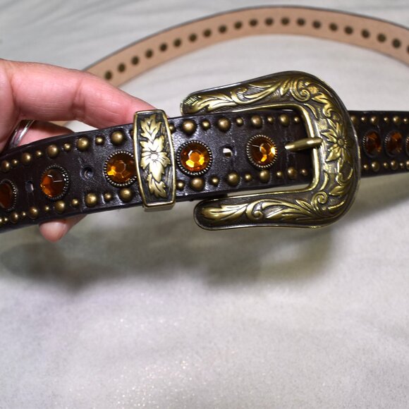 Western Rhinestone Studded Leather Belt Dark Brown XL Orange Stones - Picture 6 of 10
